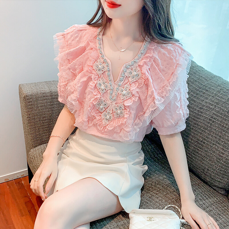 2023 new beaded ruffle v-neck short sleeve fairy top