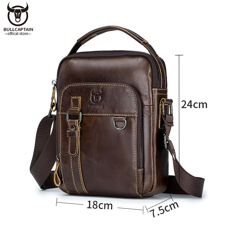 BULLCAPTAIN Leather Shoulder Messenger Bag Men's Classic Retro Multifunctional Double-Layer Storage Hanging Keychain Handbag