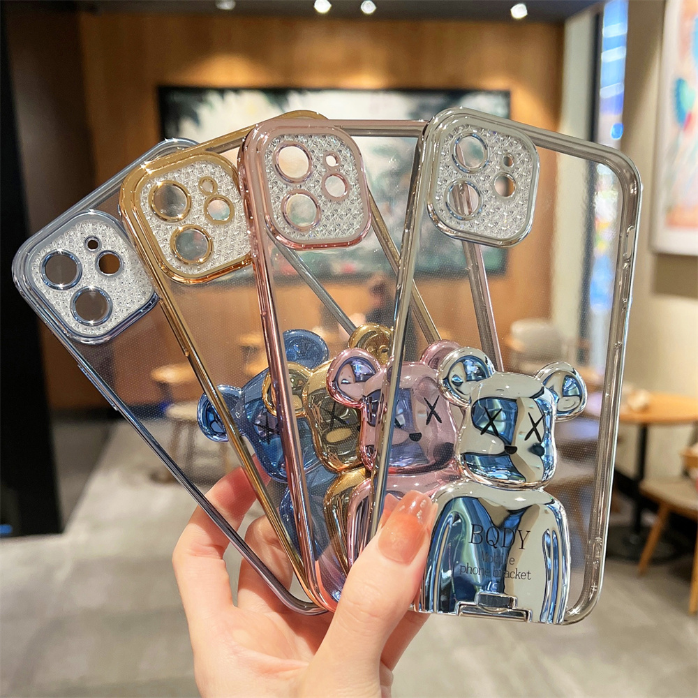 Cute Cartoon Bear Electroplating Bracket Phone Case for IPhone 11 12 13 Pro Max 7 8 Plus SE 2 Case Xr Xs Max Luxury Transparent Electroplated Frame Phone Case