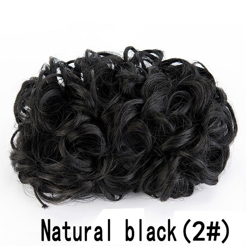 Ladies Short Curly Synthetic Black Bun with Rubber Band Bun Combed in a Wig and Fluffy Hair Accessories