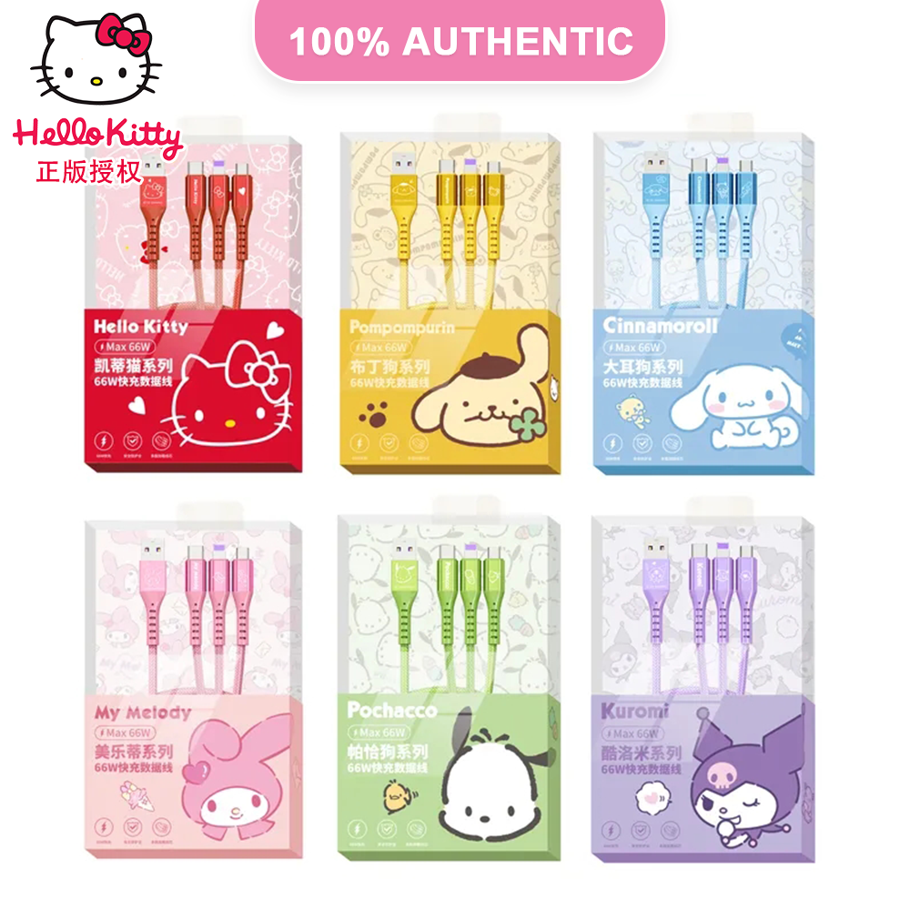 100% Authentic Sanrio Hello Kitty Accessories 3 in 1 Charging Cable USB Cable Type C Lightning Cable Micro USB Cable Fast Charging for iOS and Android Smartphone AQ2 SJ-705