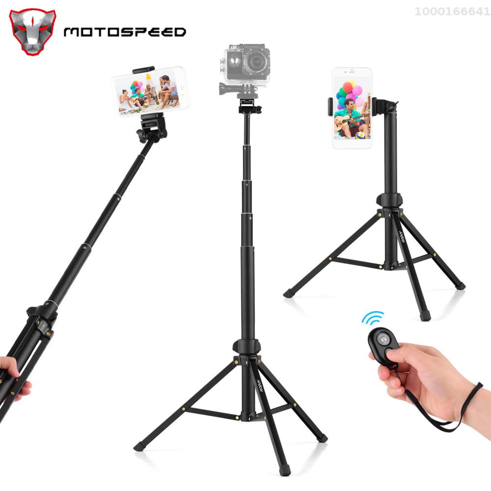 MOTOSPEED 1.5m/59in 2-in-1 Tripod Stand + Extendable Selfie Stick Aluminum Alloy with Phone Holder Remote Shutter Compatible with iPhone Android Phones for Selfie Group Photo Live Streaming