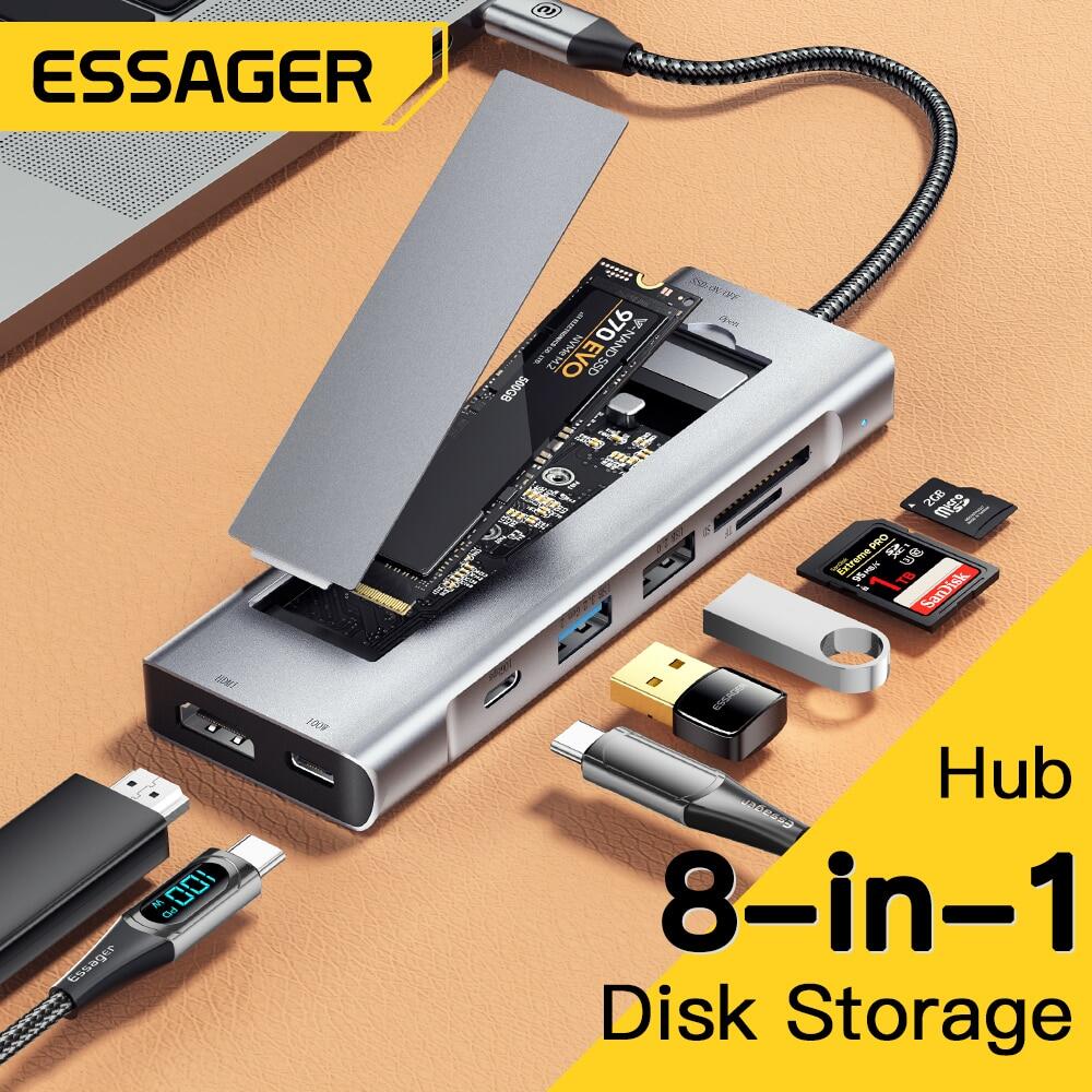Essager 8-Trong-1 hub USB với Đĩa Chức Năng Lưu Trữ loại USB C Để Hdmi-Tương Thích Máy Tính Xách Tay trạm dock Đối Với MacBook Pro Không Khí M1 M2