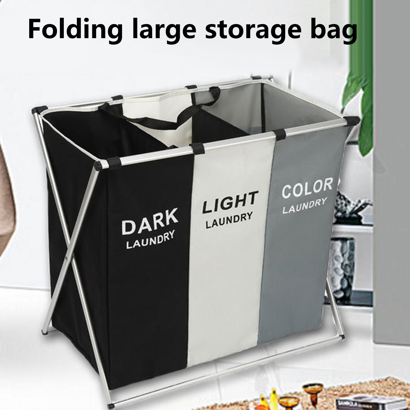 mandari Laundry Hamper X-shaped Frame Design Large Capacity Durable Multi-compartment Clear Print Multi-Functional 2/3 Girds Oxford Cloth Dirty Laundry Basket Household Supplies Laundry Storage Container