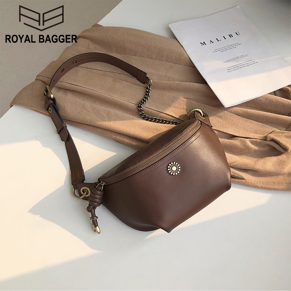 Royal Bagger New Fashion Chest Bag For Women Genuine Cow Leather All-match Simple Shoulder Crossbody Bag Multifunction Ladies Girl Waist Packs