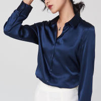 Alisa Sonya เสื้อเชิ้ตผ้าซาตินสำหรับผู้หญิงเสื้อเบลาส์แขนยาวติดกระดุมแถวเดียวยืดได้สีพื้นไซส์ใหญ่พิเศษ9สำหรับผู้หญิง