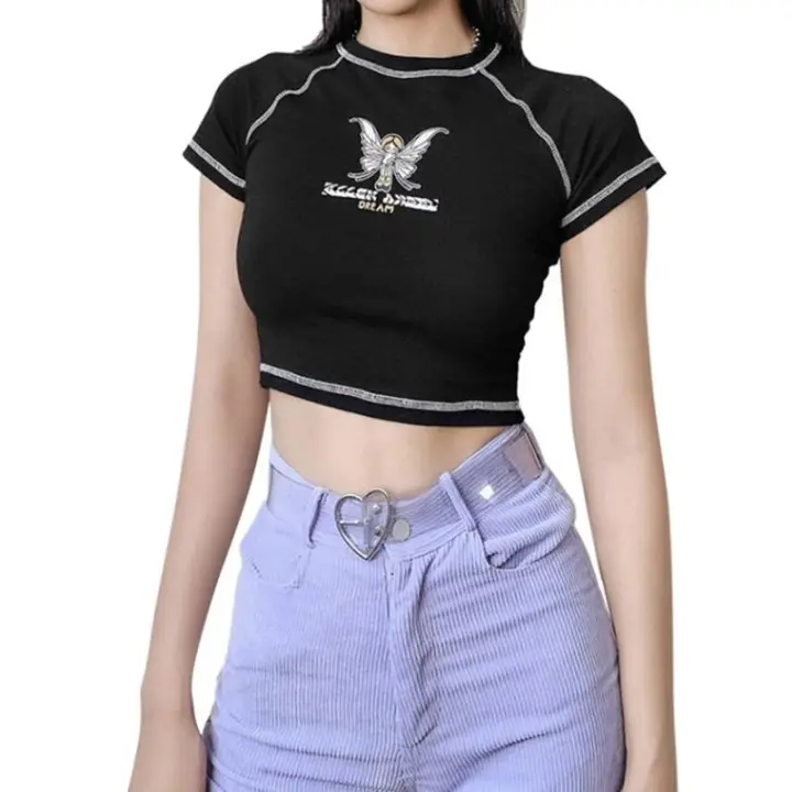 Women S Fairy Print Crop Tops Casual Short Sleeve Round Neck Slim Fit Tee Shirts Women T Shirt Sexy Short Crop Tops Split Top Lazada Ph