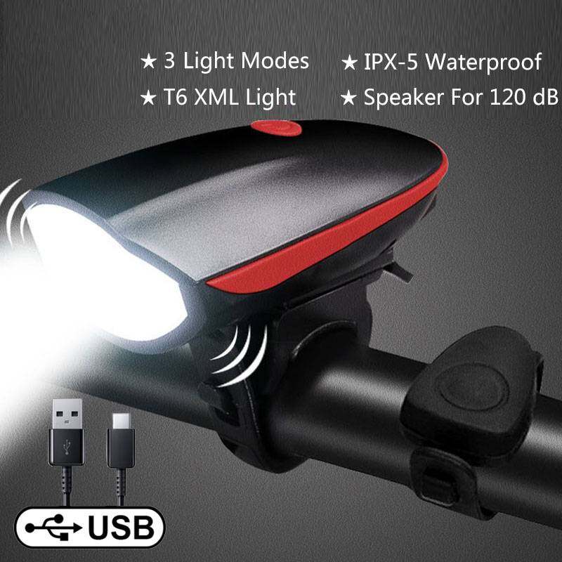 MTB Bicycle Headlight USB Rechargeable Bike Front Flashlight with Horn larm Bell