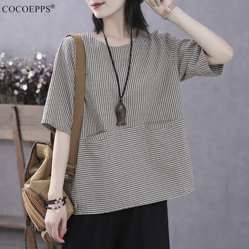 COCOEPPS t shirt for women chinese new year clothes 2024 Summer Cotton Stripes Female Short-sleeved Loose Casual Large Size top