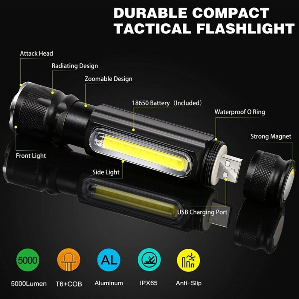 [Hàng có sẵn] Đèn Pin LED đa năng chính hãng pin USB 5000LM Đèn pin mạnh mẽ T6 Đèn COB bên hông Nam Châm Đèn làm việc đèn Pin đèn pin chiến thuật có thể sạc lại đèn khẩn cấp