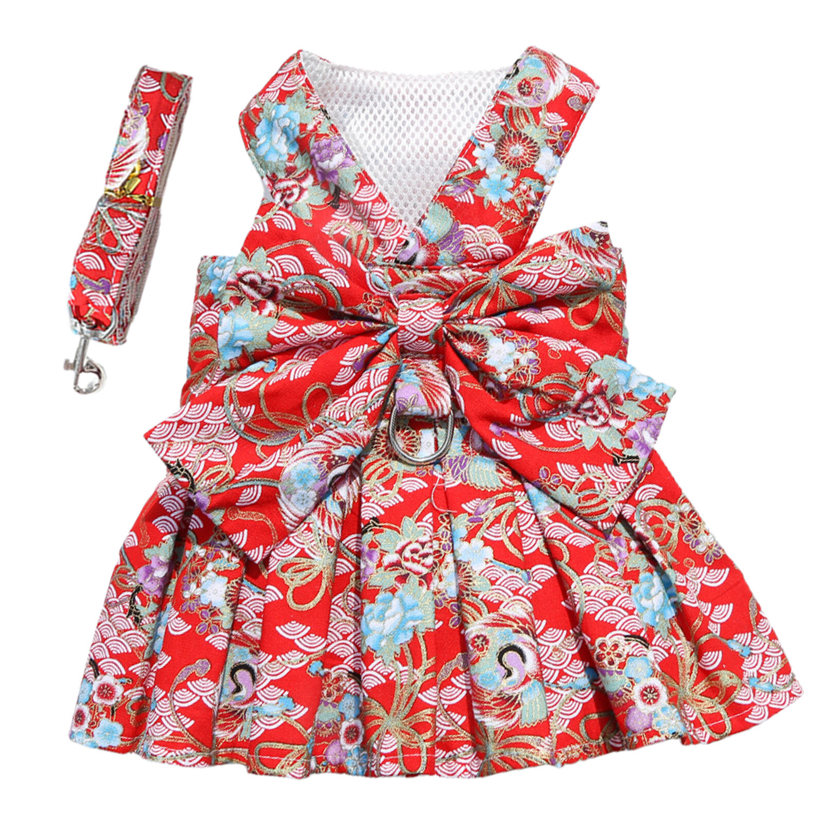 Huanhuang Pet Chest Strap Set Flower Pattern Dress-up Skin-friendly Pet Dress Harness Traction Leash Kit for Outdoor
