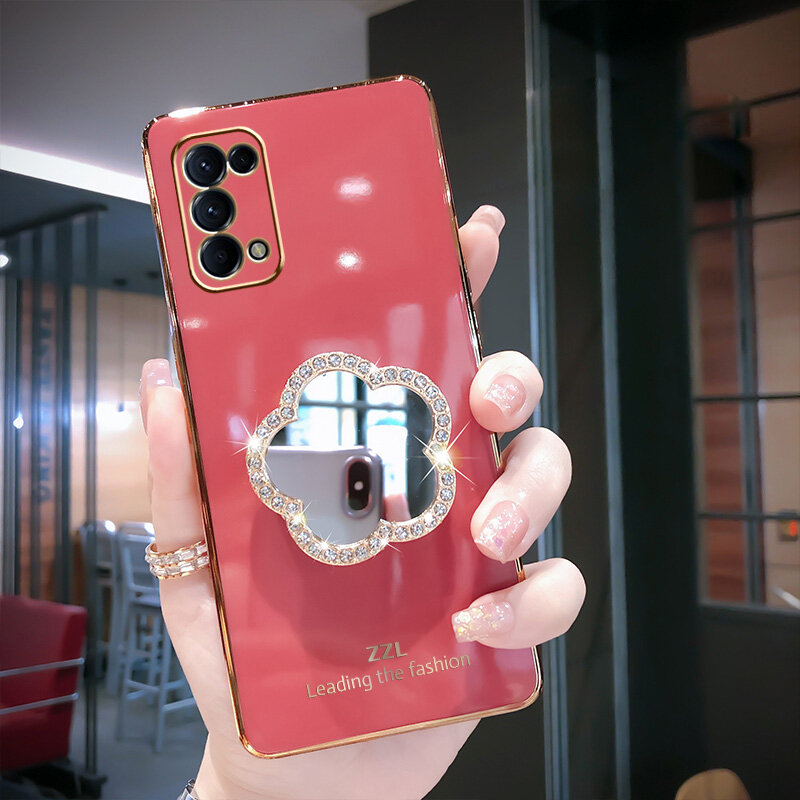 For OPPO Reno2 2F 3 4 4Z 5 5F 6 6Z 6Pro 7 7Z 7Pro 8Pro 5G Case, Slim Fashion Cute Rhinestone Shiny Flowers Beautiful Makeup Mirror Luxury Premium Plating Soft Phone Case Woman Cases Shockproof Casing Protection Back Cover