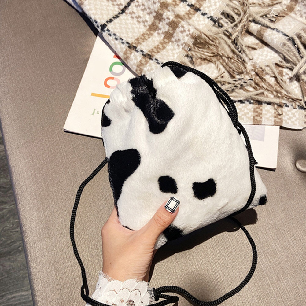 BAGOO Vintage Fashion Cow Milk Leopard Pattern Plush Crossbody Bag Women Mini Drawstring Shoulder Bucket Bag Girls Small Phone Pouch Purse