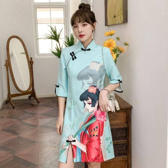 Camile 2024 Women's Summer Casual Red Blue Elegant Party Fashion Printing Improved Dress Women's Fantastic Dress