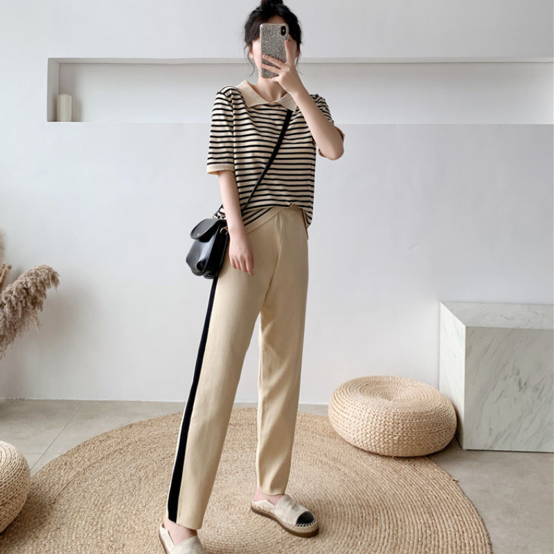 Women Korean Style Two Piece Sets Summer Casual Turn Down Collar Stripe Sweater and Pants Outfits Ladies Knitted Suits