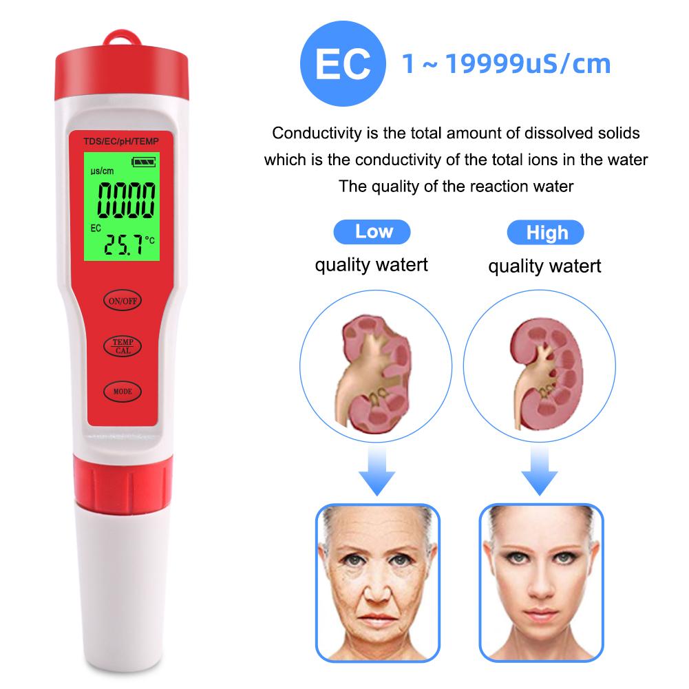 RCYAGO Máy kiểm tra chất lượng nước 4 trong 1 TDS/EC/pH/nhiệt độ-đồng hồ đo kỹ thuật số cho nuôi trồng thủy sản, bể bơi, nước uống