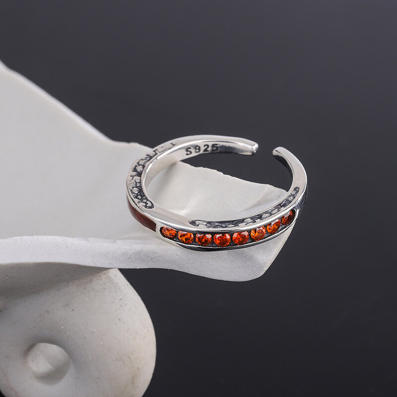 S925 Sterling Silver Ring Women Orange Red Zirconia Set Open Adjustable Ring