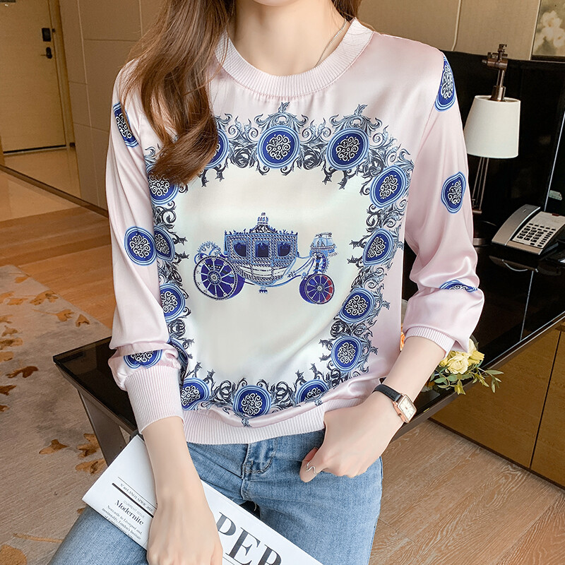 YIEG 2023 Korean version of the new round neck fashion print satin women's T-shirt, Korean version of the suit blouse women