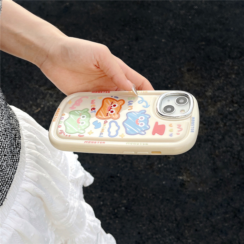 High Quality Electroplating Case for IPhone 11 12 13 14 Pro Max Casing Cute Cartoon Colorful Graffiti Monster Back Cover Couple Shockproof Phone Case