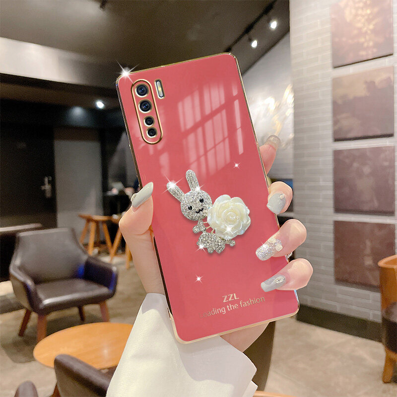 Ốp Cho OPPO A91 Reno 3, Ốp Điện Thoại Mềm Mạ Cạnh Thẳng Hoa Hình Thỏ Giả Kim Cương Giả 3D Siêu Mỏng Ốp Lưng Silicon Siêu Mỏng Bảo Vệ Chống Sốc