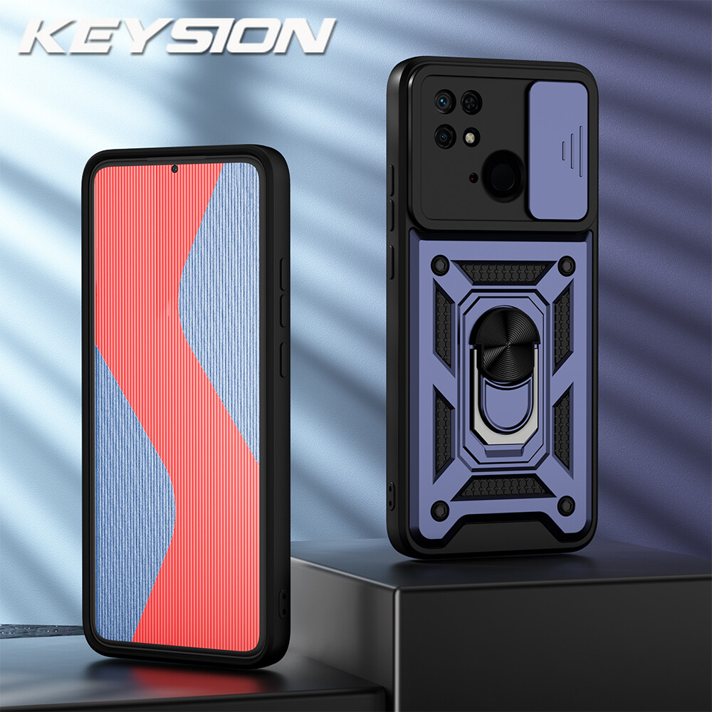 KEYSION Shockproof Case for Xiaomi Redmi 10C Push Pull Camera Protection Ring Stand Phone Back Cover for Redmi 10A