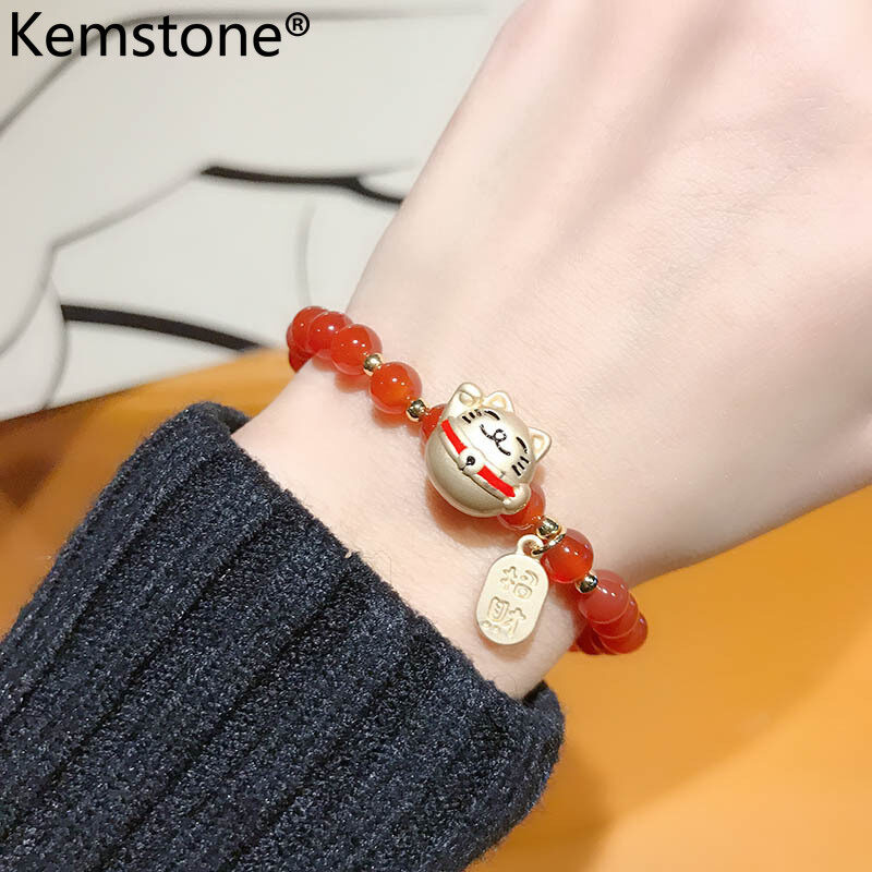 Kemstone Women Chinese New Year Jewelry Gold Plated Red Bead Strand Bracelet  for Women Girl