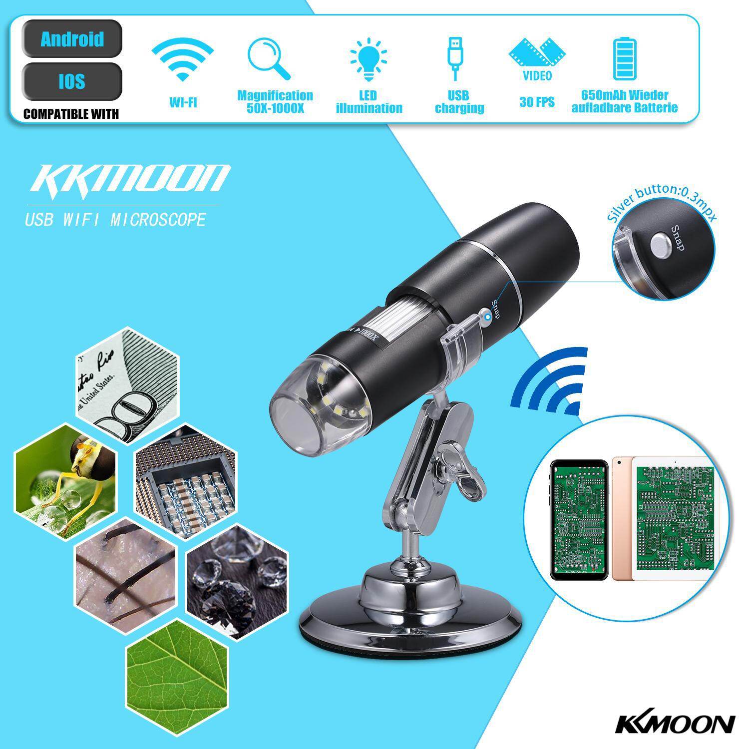 KKmoon Electron Digital Microscope Portable WiFi Wirelessly 1000x High Definition Magnifying Glass Christmas Halloween Educational Gift for Children