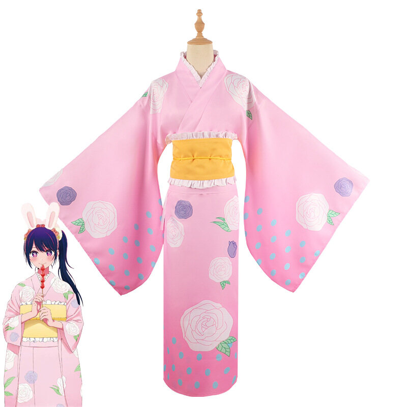Anime Oshi No Ko Hoshino Ai Cosplay Costume Hoshino Rubii Pink Kimono Bathrobe Dress Set Halloween Carnival Party Clothes Purple Ponytail Wig Synthetic Wig Cover