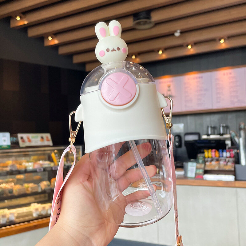 630ml Children's Drinking Cup with Straw Female Lovely High Appearance Plastic Cup Portable Messenger Kettle for Going Out in Summer