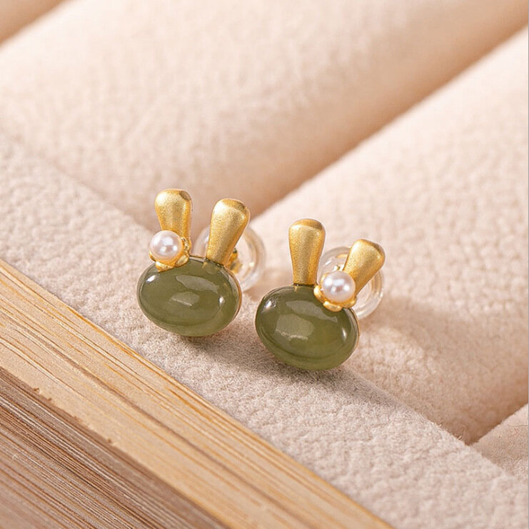 XYP Full of Girly Heart Super Tolerable Gray Jade Bunny Ear Studs Ancient Sterling Silver 14K Gilding Exquisite Sweet Earrings for Women Jade Rabbit Earrings