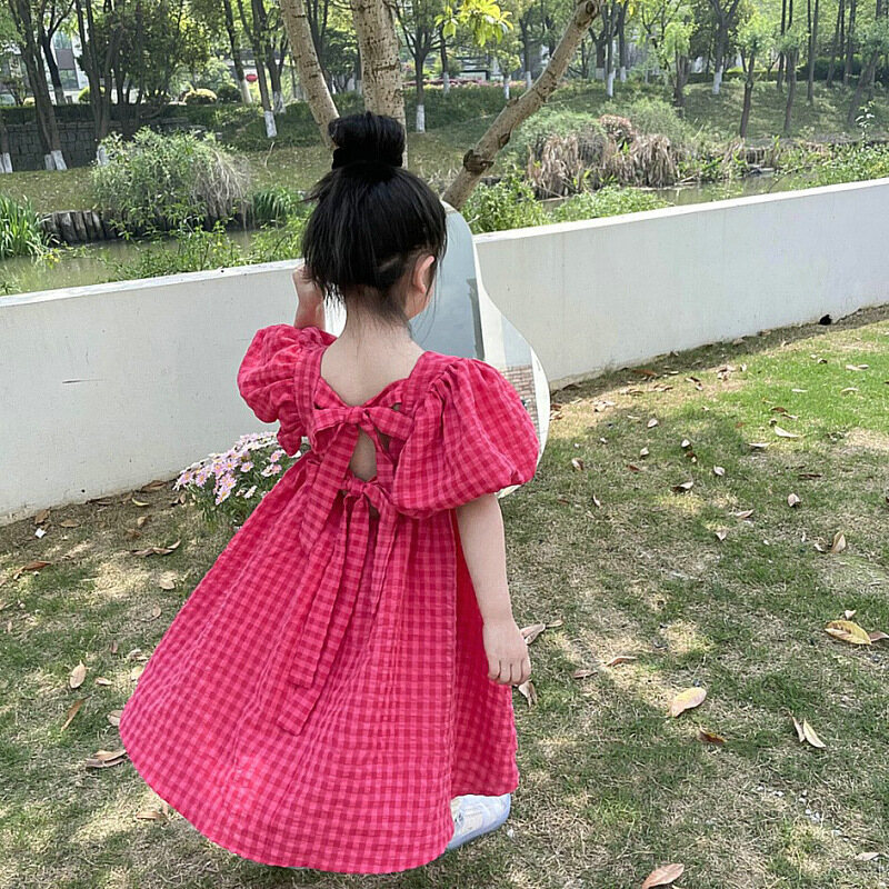 IP Girls Skirt Puff Sleeve Plaid Lace Dress Princess Dress New Dress