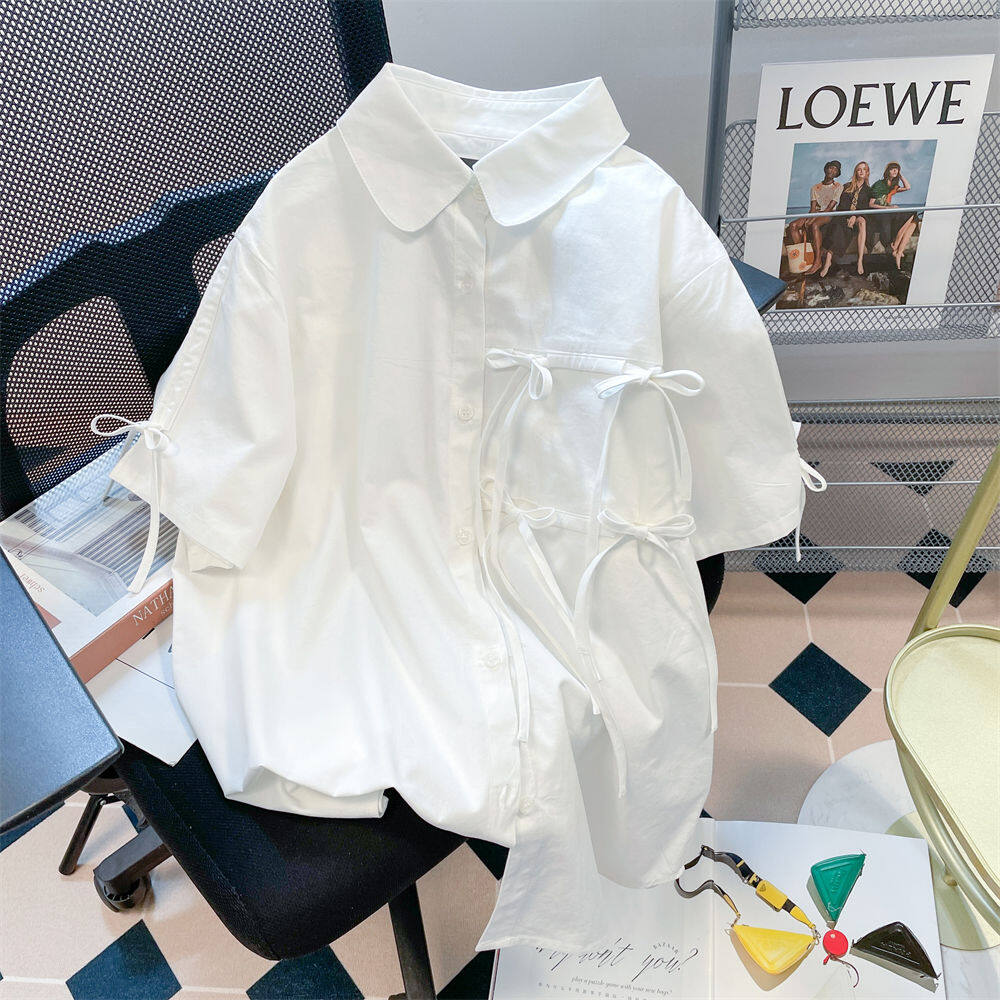 Design A Small Bow Doll Collar White Shirt Female Summer Senior All Short Sleeved Chic Top Solid Color Bow Tie Blouse