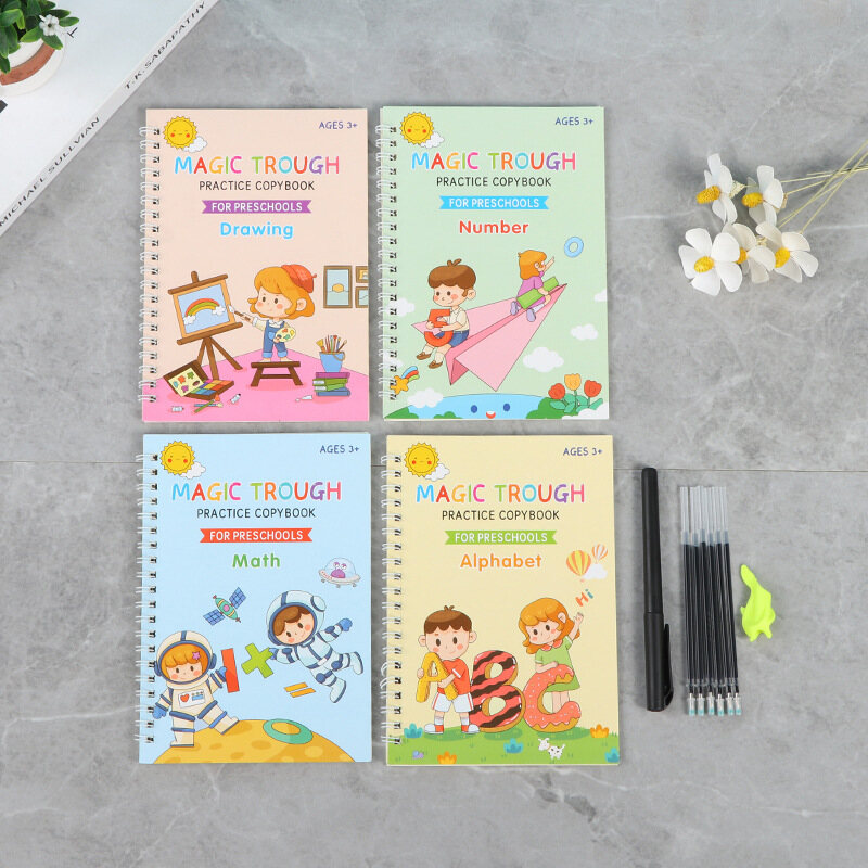 FS 4 sets English Character Practice Sticker Children's Word Practice Post Fun Math Calculation Introduction to Drawing Pen Control Training Book