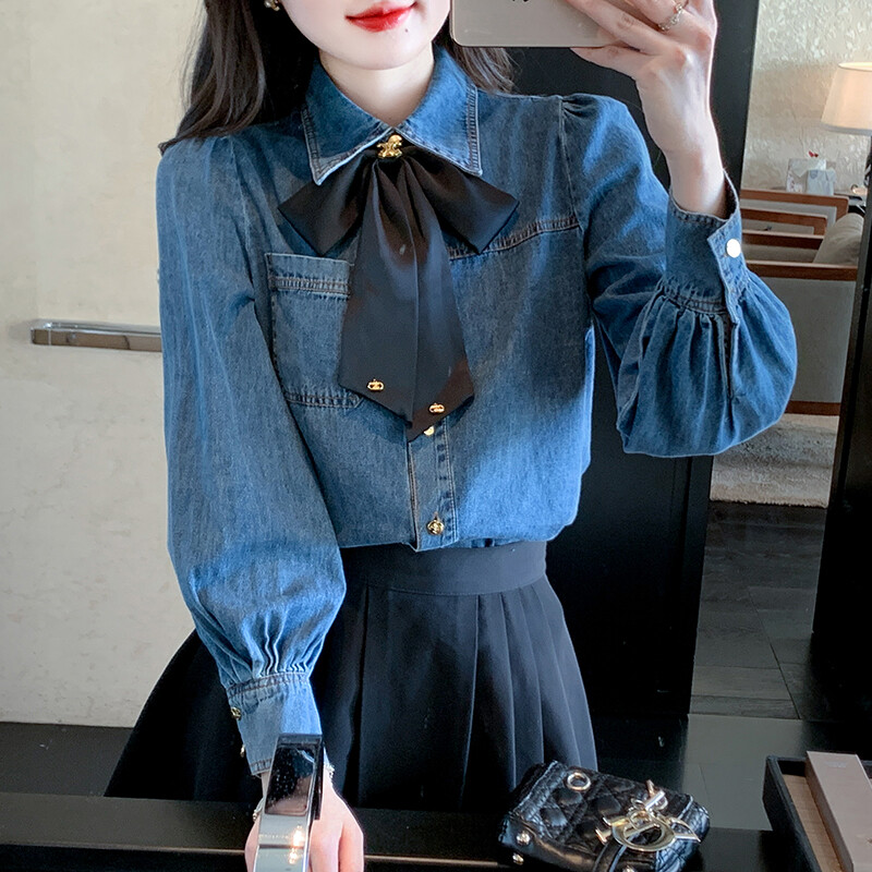 REHIN Women's top 2023 Autumn New Korean Version Unique Design denim shirt bow tie temperament versatile Long Sleeve Blouse