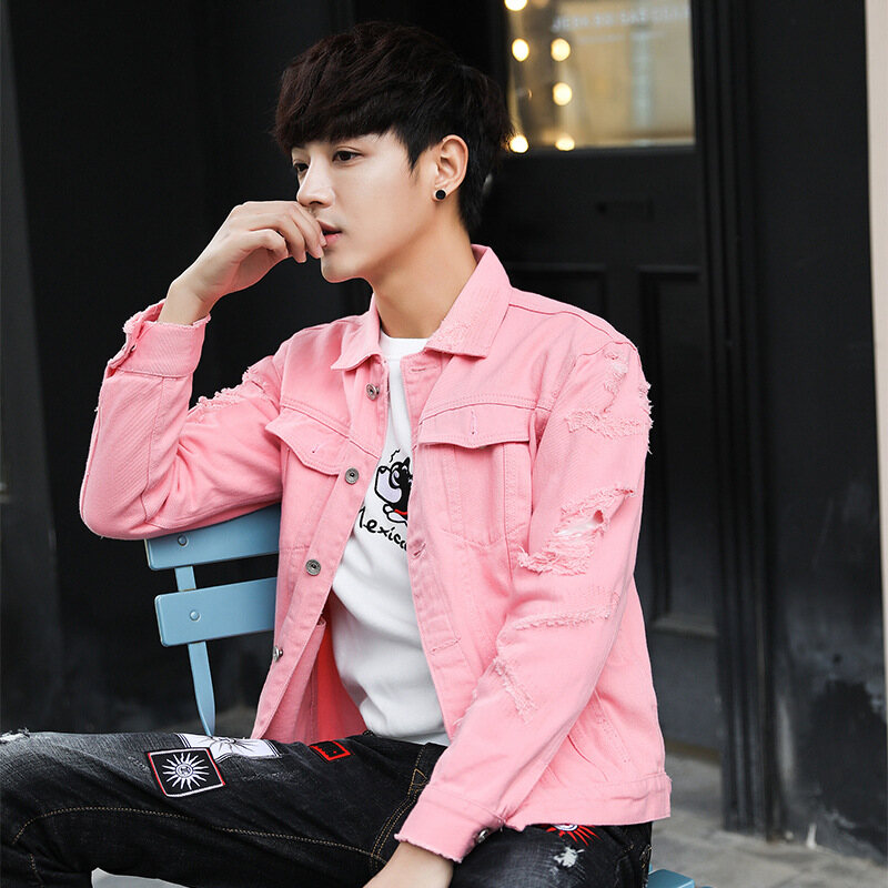 M-7XL Denim Jacket Men Ripped Hole 