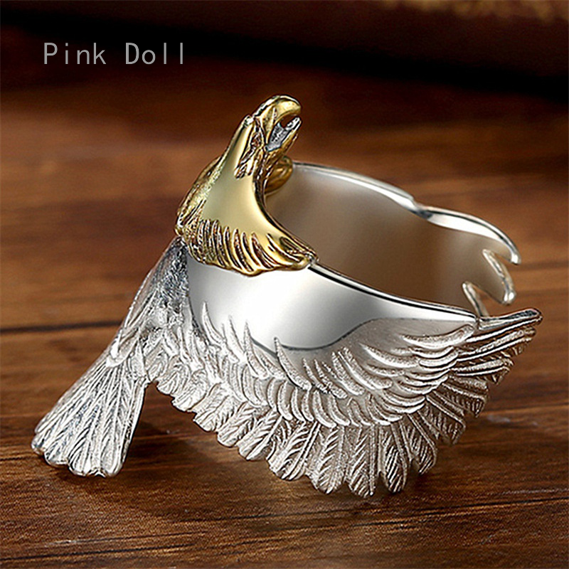 Pink Doll Stainless Steel Vintage Flying Bird Animal Ring Punk Biker Big Wing Eagle Rings For Women Men Hip Hop Rock Ring