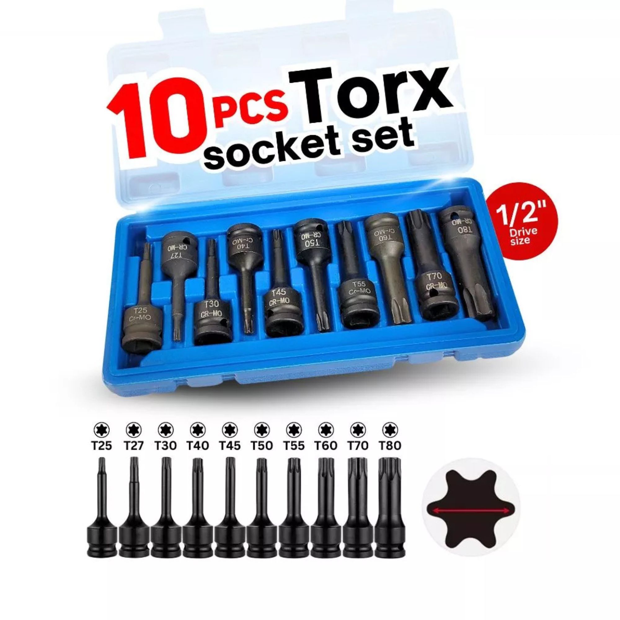 1/2 Drive Torx Bit Socket Set - T30 To T80 Cr-Mo Impact Grade (8-Piece) With Case - View #3