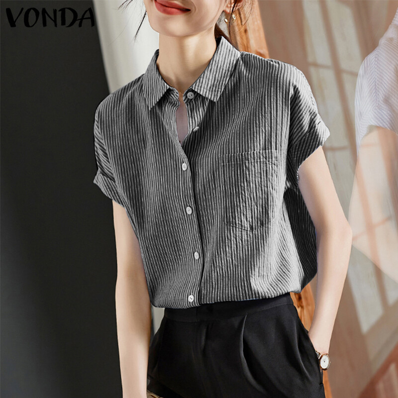 VONDA Women's Business Stripe Printed Shirts Office Turn-Down-Collar Tops