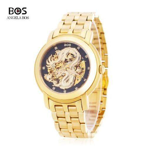 ANGELA BOS 9007G MEN AUTOMATIC WIND MECHANICAL WATCH 3ATM LUMINOUS DRAGON PATTERN ARTIFICIAL DIAMOND DIAL WRISTWATCH BLACK AND GOLDEN Lazada
