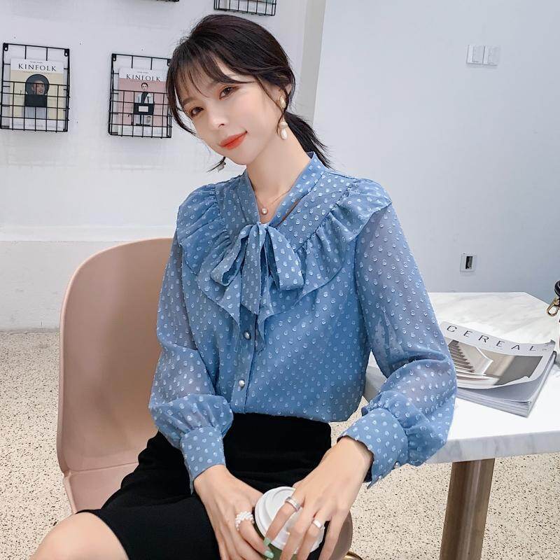 REHIN Women long sleeve shirt Korean version Ruffle splice Wave point chiffon blouse