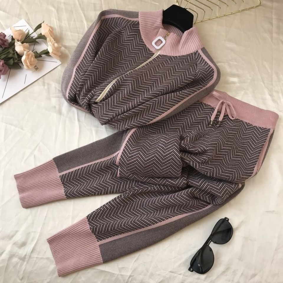 2Pc New Fashion Gentle Wind Knitted Casual Sports Two Pieces Zipper Loose Ladies Cardigan Pants Suit