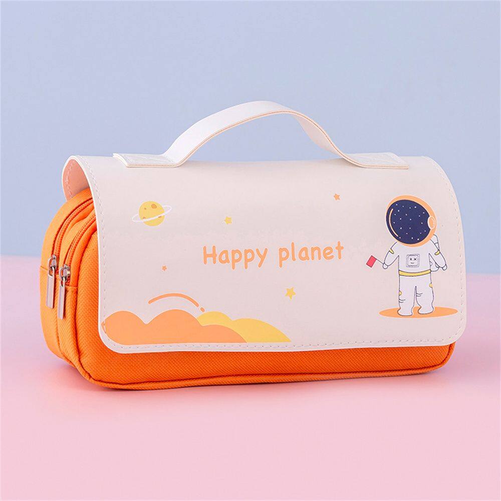XAVIE Thẩm mỹ Dung lượng lớn Hành tinh hạnh phúc Hai lớp Túi lưu trữ vải Văn phòng phẩm Trousse Hộp bút chì trường học Hộp đựng bút chì Kawaii Túi bút chì phi hành gia