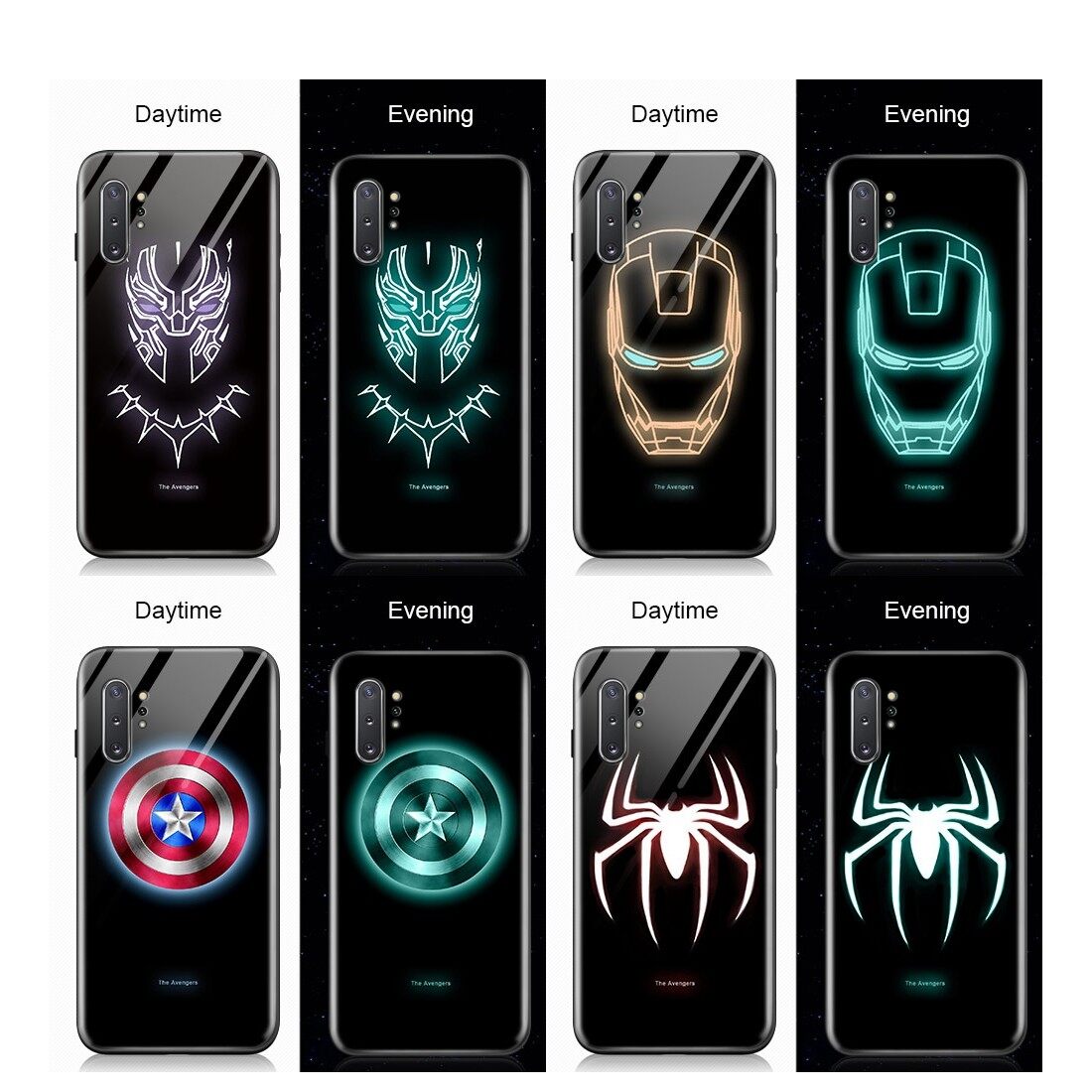 UCUC CASE For Samsung Note 10 Plus + case Luminous Marvel Superhero Captain America Ironman Case Glow in Dark Tempered Glass Back Casing Cover
