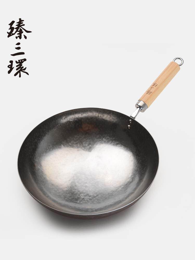 Zhangqiu Iron Pot Zhensanhuan Handmade Iron Pot Light Tone on The tip of The Chinese Wok Traditional Old-Fashioned Wok Home Silver, 30CM