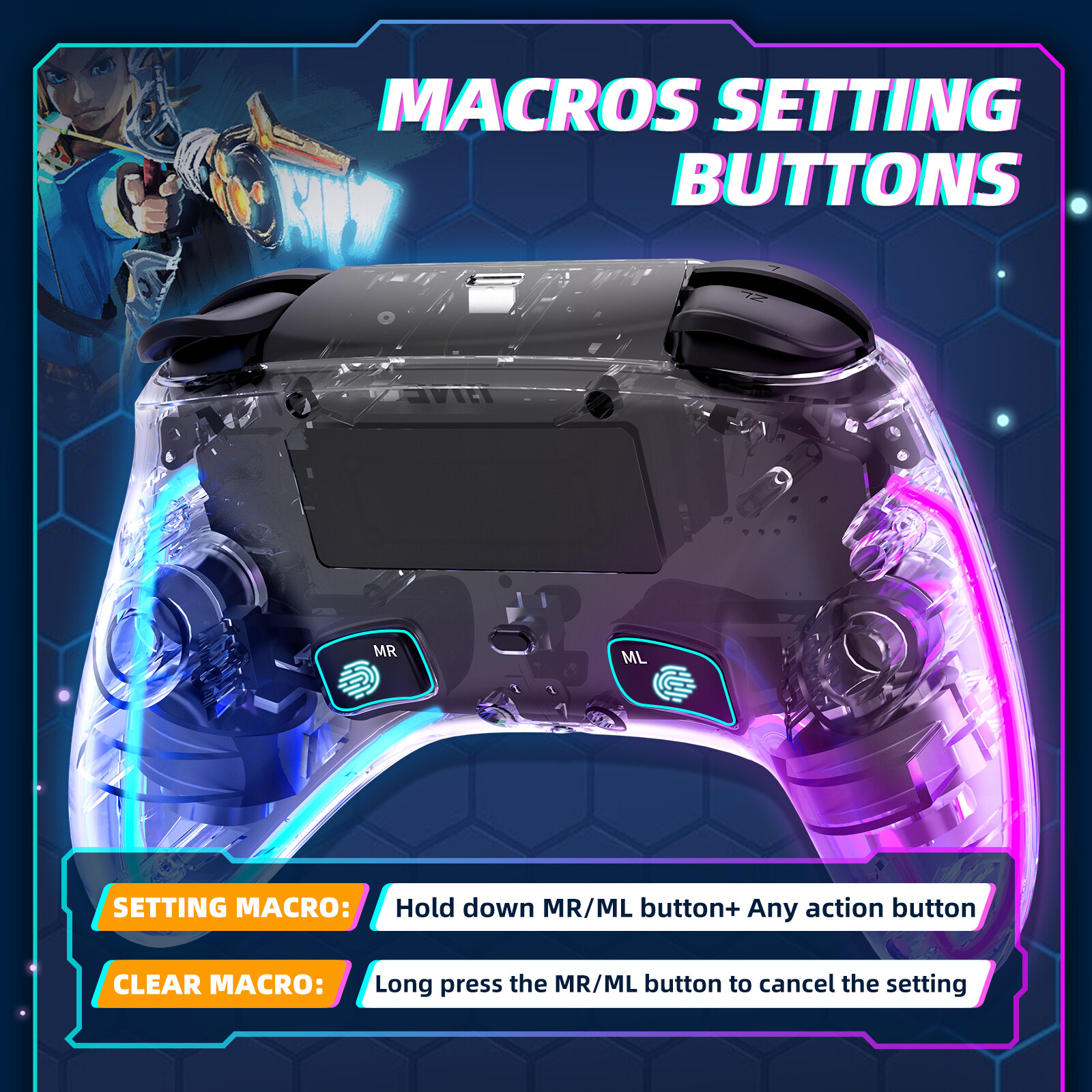 IINE Ares Transparent Wireless Controller with Headset Jack RGB Light compatible Nintendo Switch Steam