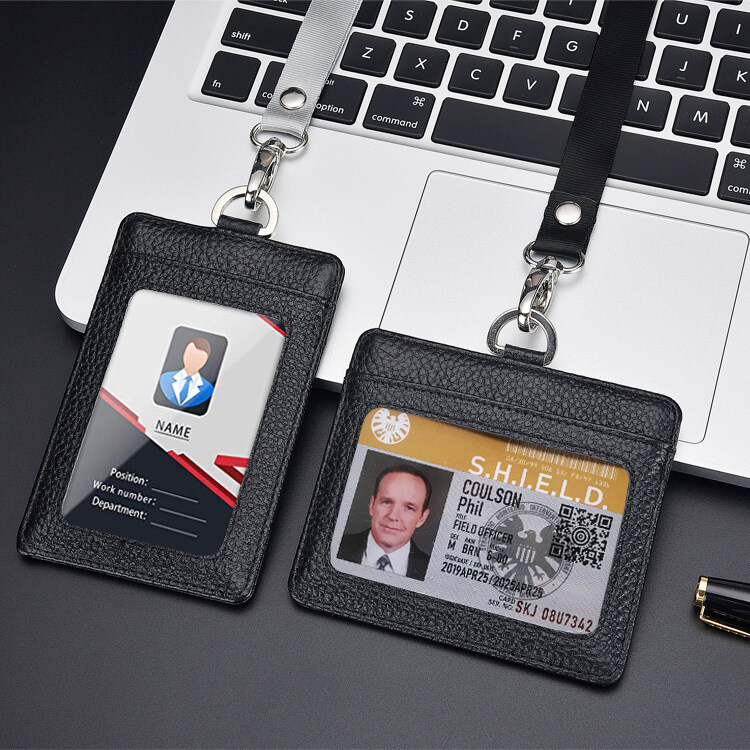 Top Layer Cowhide Badge Holder Black Genuine Leather ID Card Case with Lanyard Name Tag Chest