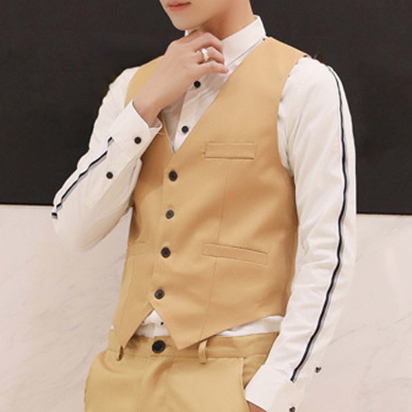 wenchengbo®Men Waistcoat Solid Color Slim Single-breasted Formal Spring Vest for Work