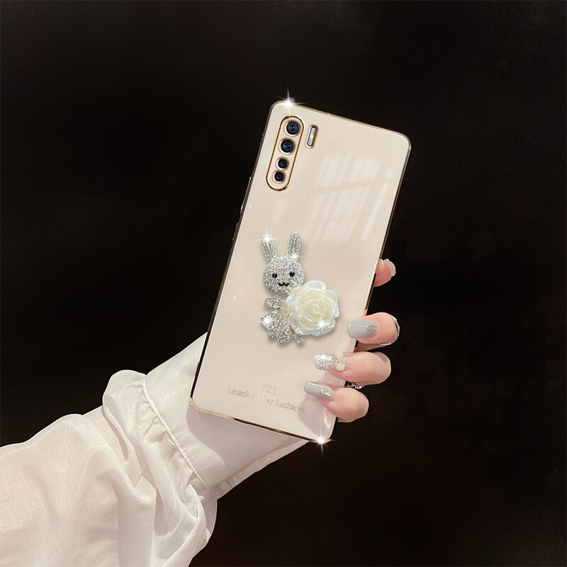 Ốp Cho OPPO A91 Reno 3, Ốp Điện Thoại Mềm Mạ Cạnh Thẳng Hoa Hình Thỏ Giả Kim Cương Giả 3D Siêu Mỏng Ốp Lưng Silicon Siêu Mỏng Bảo Vệ Chống Sốc