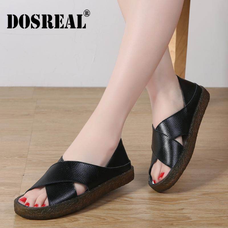 DOSREAL Women Sandals Summer Flats Sandals Shoes Women Big Size 35-44 Peep Toe Leather Beach Flat Casual Ladies Slippers