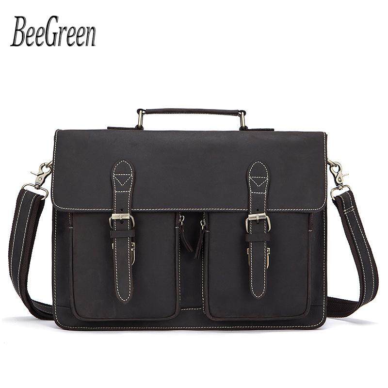 (new arrival) Crazy Horse Mens Genuine Leather Briefcase Male Totes Messenger Bags Business Laptop Bag for Men